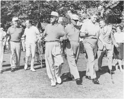 Bob Hope and George Fazio (partly shaded) escort defending blind golf champion Charley Boswell of Birming ham, Ala., at left, while Gov. Raymond P. Shafer and Ralph Ebing guest PGA Professional flank Charles Tooth