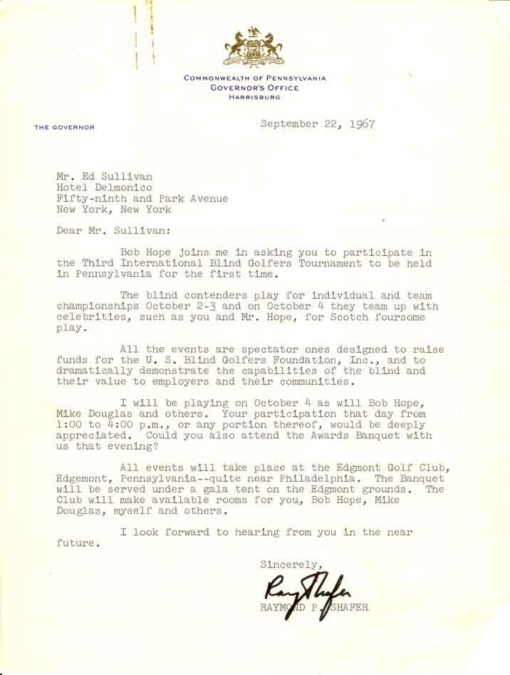 letter from Pa Govenor Raymond P. Shaferletter to Ed Sullivan inviting him to celiberity/blind fund raiser 